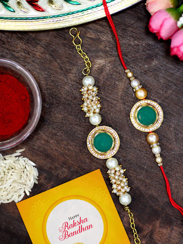 Karatcart Rakhi for Brother and Bhabhi Set of 2 Gold Plated Green Polki Kundan Bhiya Bhabhi Rakhi Combo with Roli & Chawal