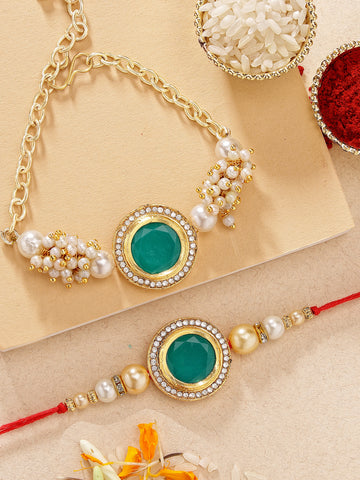 KARATCART Set of 2 Gold Plated Green Polki Kundan Bhaiya Bhabhi Rakhi Combo with Roli & Chawal