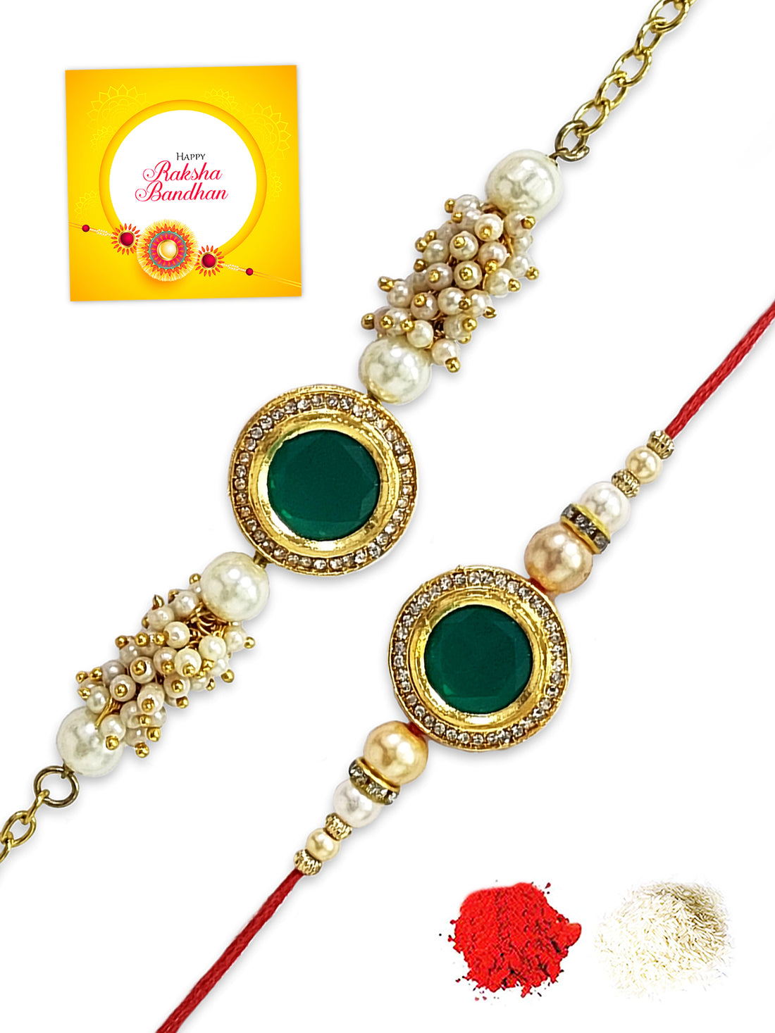 Karatcart Rakhi for Brother and Bhabhi Set of 2 Gold Plated Green Polki Kundan Bhiya Bhabhi Rakhi Combo with Roli & Chawal