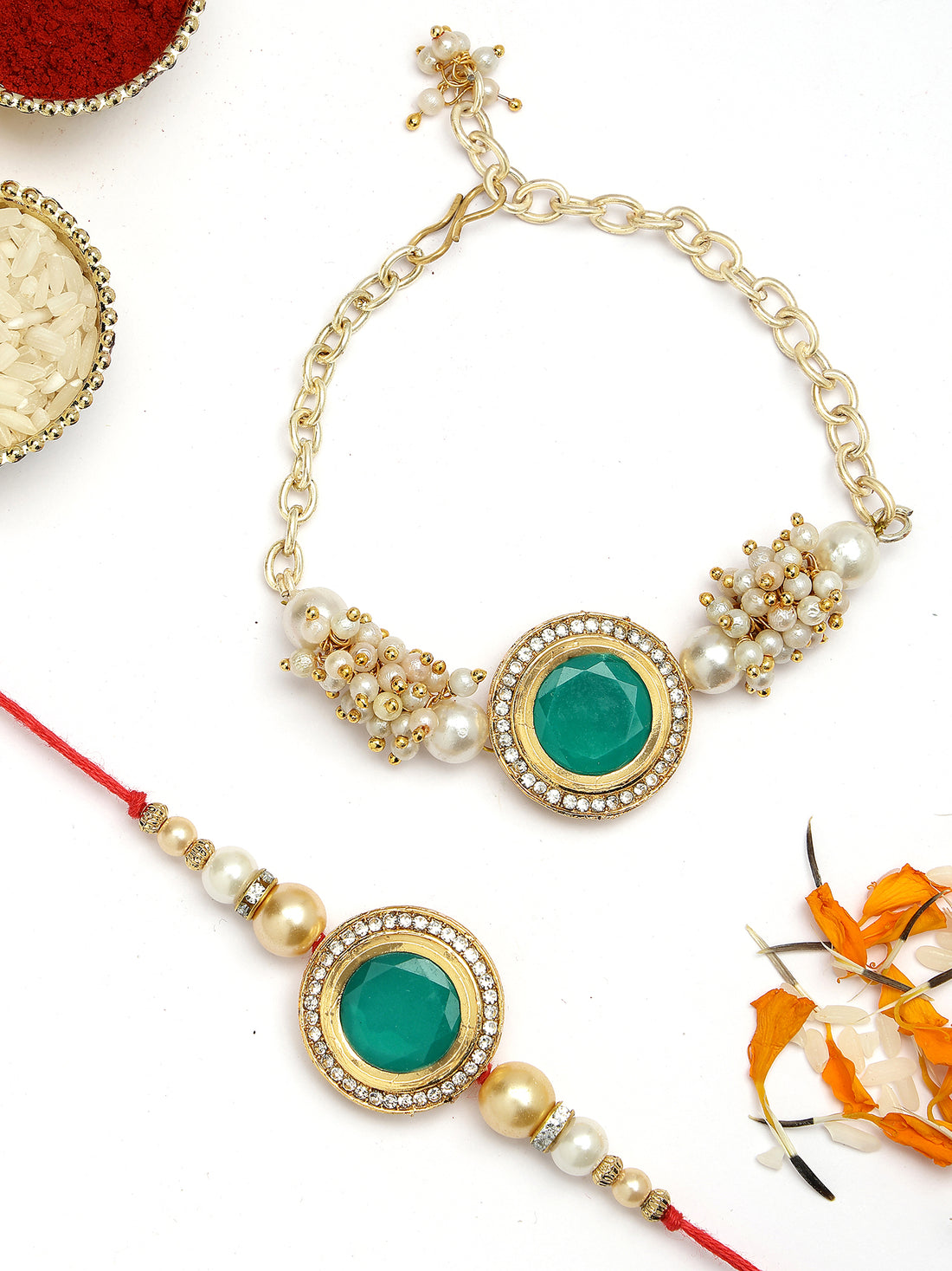 KARATCART Set of 2 Gold Plated Green Polki Kundan Bhaiya Bhabhi Rakhi Combo with Roli & Chawal