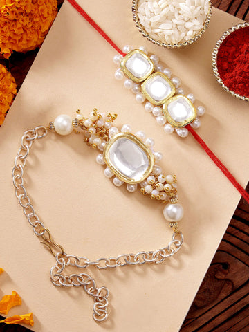 KARATCART Set of 2 Gold Plated Square Polki Kundan Bhaiya Bhabhi Rakhi Combo with Roli & Chawal