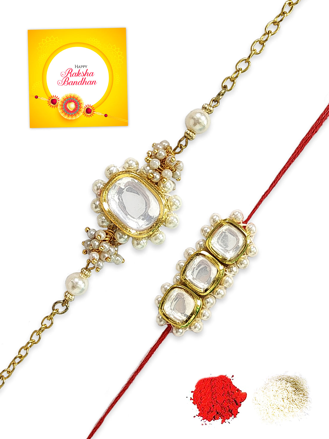 Karatcart Rakhi for Brother and Bhabhi Set of 2 Gold Plated Square Polki Kundan Bhiya Bhabhi Rakhi Combo with Roli & Chawal