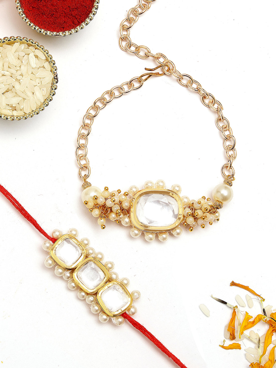 KARATCART Set of 2 Gold Plated Square Polki Kundan Bhaiya Bhabhi Rakhi Combo with Roli & Chawal