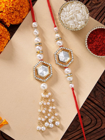 KARATCART Set of 2 Gold Plated Pearl and Polki Kundan Handmade Bhaiya Bhabhi Rakhi Combo with Roli & Chawal