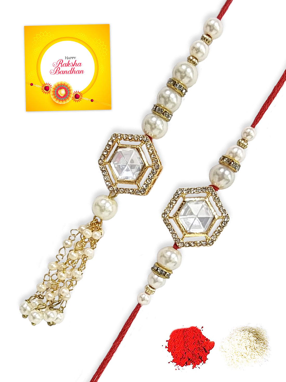 Karatcart Rakhi for Brother and Bhabhi Set of 2 Gold Plated Pearl and Polki Kundan Handmade Bhiya Bhabhi Rakhi Combo with Roli & Chawal