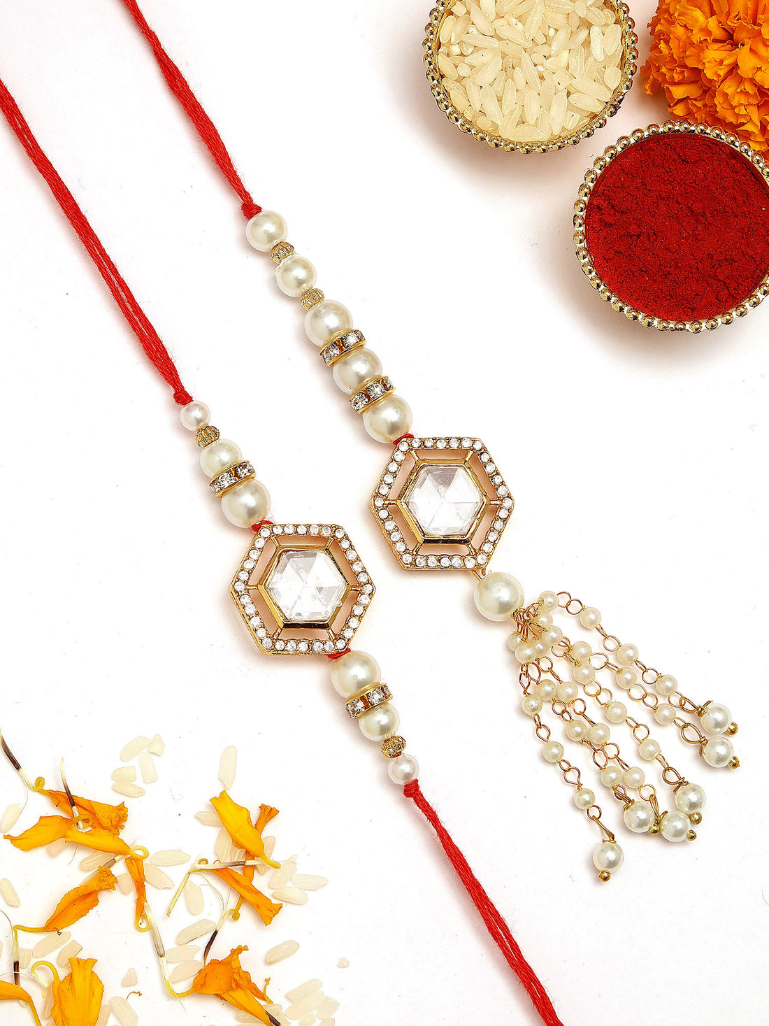 KARATCART Set of 2 Gold Plated Pearl and Polki Kundan Handmade Bhaiya Bhabhi Rakhi Combo with Roli & Chawal