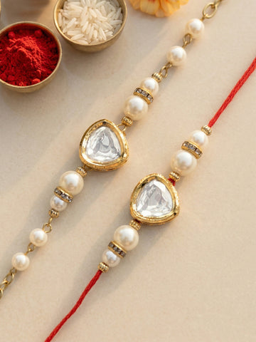 KARATCART Set of 2 Gold Plated Pearl and Polki Kundan Bhaiya Bhabhi Rakhi Combo with Roli & Chawal