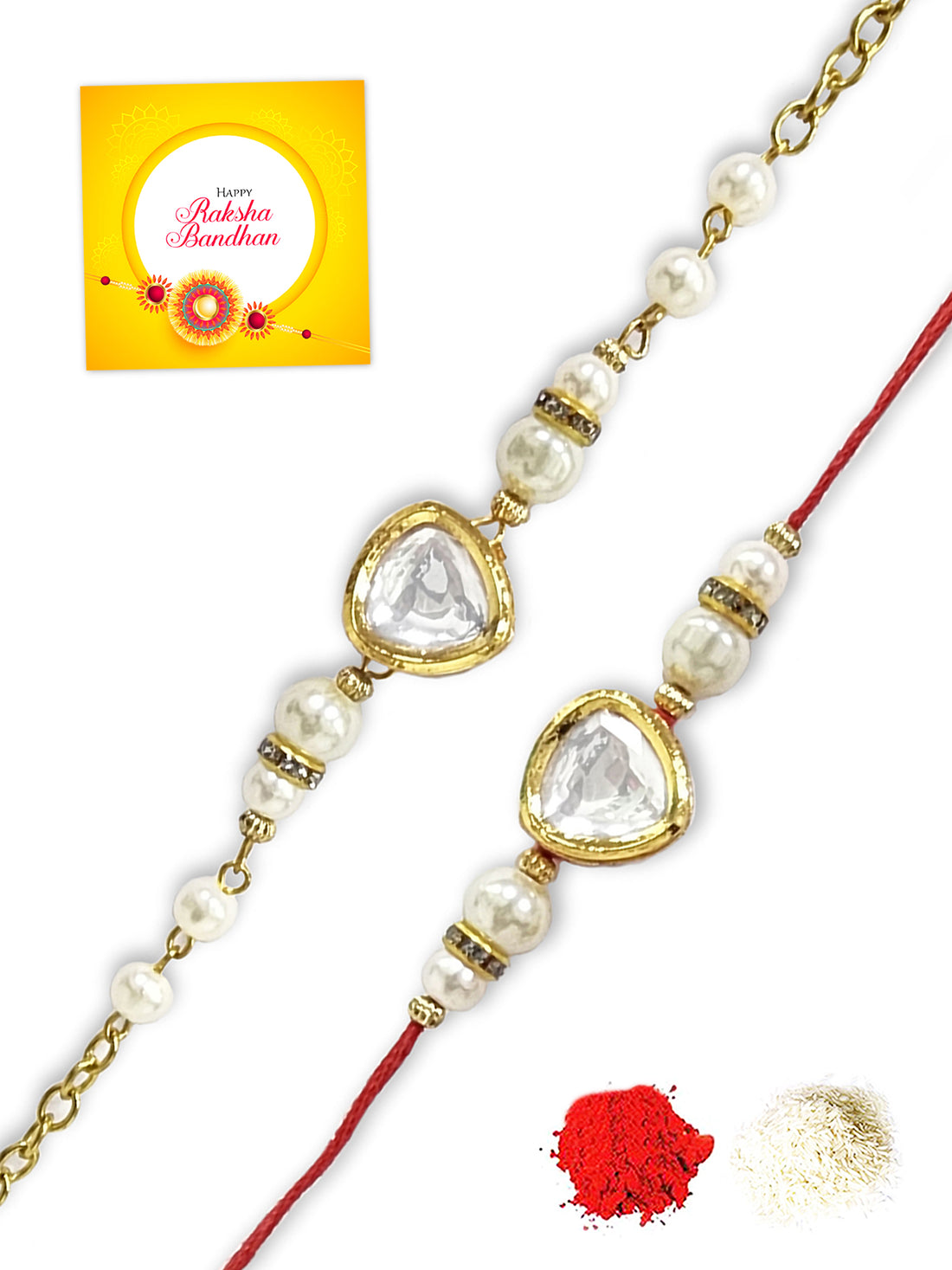 Karatcart Rakhi for Brother and Bhabhi Set of 2 Gold Plated Pearl and Polki Kundan Bhiya Bhabhi Rakhi Combo with Roli & Chawal