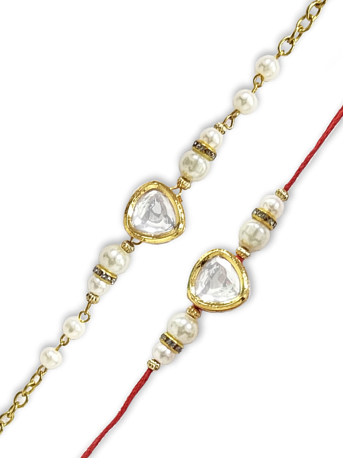 KARATCART Set of 2 Gold Plated Pearl and Polki Kundan Bhaiya Bhabhi Rakhi Combo with Roli & Chawal