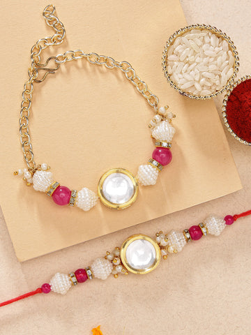 KARATCART Set of 2 Gold Plated Pink Round Polki Kundan Bhaiya Bhabhi Rakhi Combo with Roli & Chawal