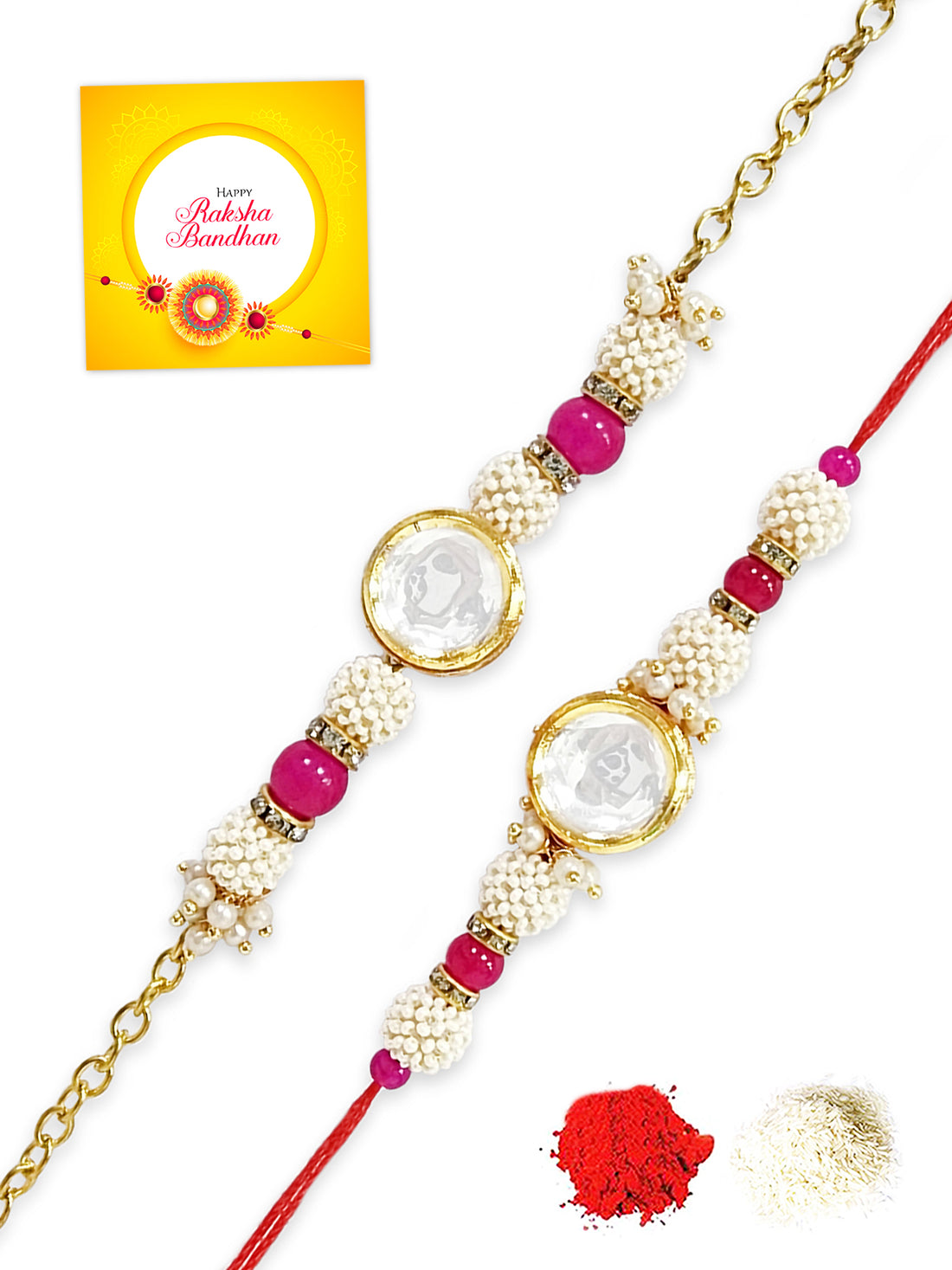 Karatcart Rakhi for Brother and Bhabhi Set of 2 Gold Plated Pink Round Polki Kundan Bhiya Bhabhi Rakhi Combo with Roli & Chawal