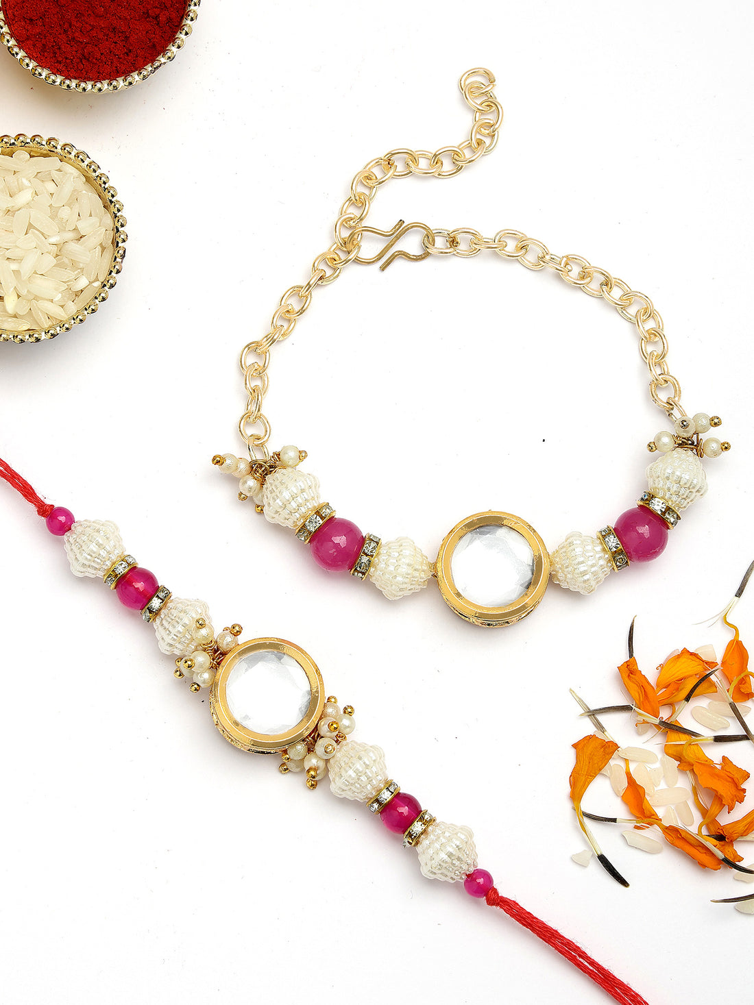 KARATCART Set of 2 Gold Plated Pink Round Polki Kundan Bhaiya Bhabhi Rakhi Combo with Roli & Chawal