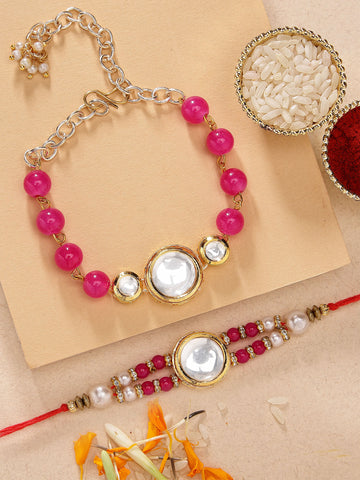KARATCART Set of 2 Gold Plated Pink Beads Round Polki Kundan Bhaiya Bhabhi Rakhi Combo with Roli & Chawal