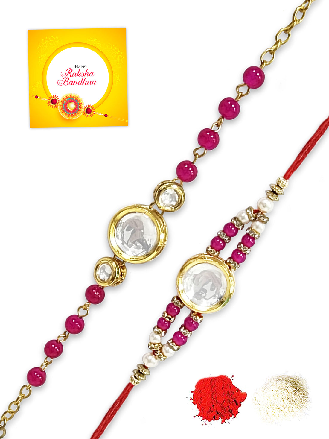 Karatcart Rakhi for Brother and Bhabhi Set of 2 Gold Plated Pink Beads Round Polki Kundan Bhiya Bhabhi Rakhi Combo with Roli & Chawal