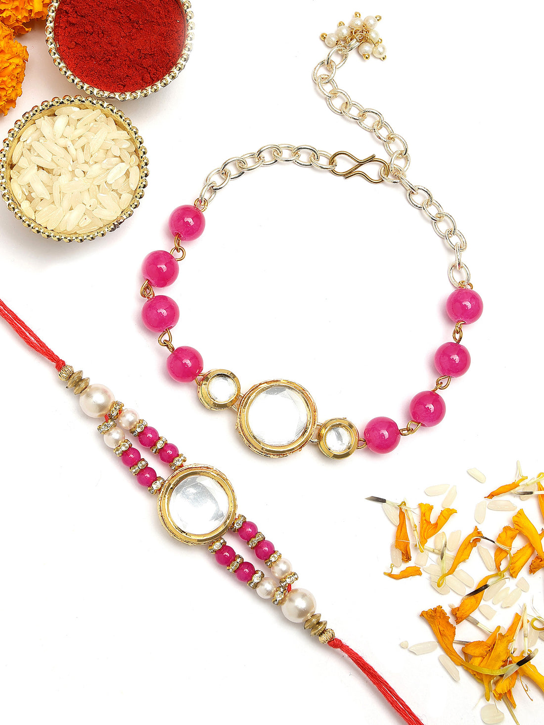 KARATCART Set of 2 Gold Plated Pink Beads Round Polki Kundan Bhaiya Bhabhi Rakhi Combo with Roli & Chawal
