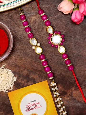 Karatcart Rakhi for Brother and Bhabhi Set of 2 Gold Plated Pink Beads Polki Kundan Bhiya Bhabhi Rakhi Combo with Roli & Chawal