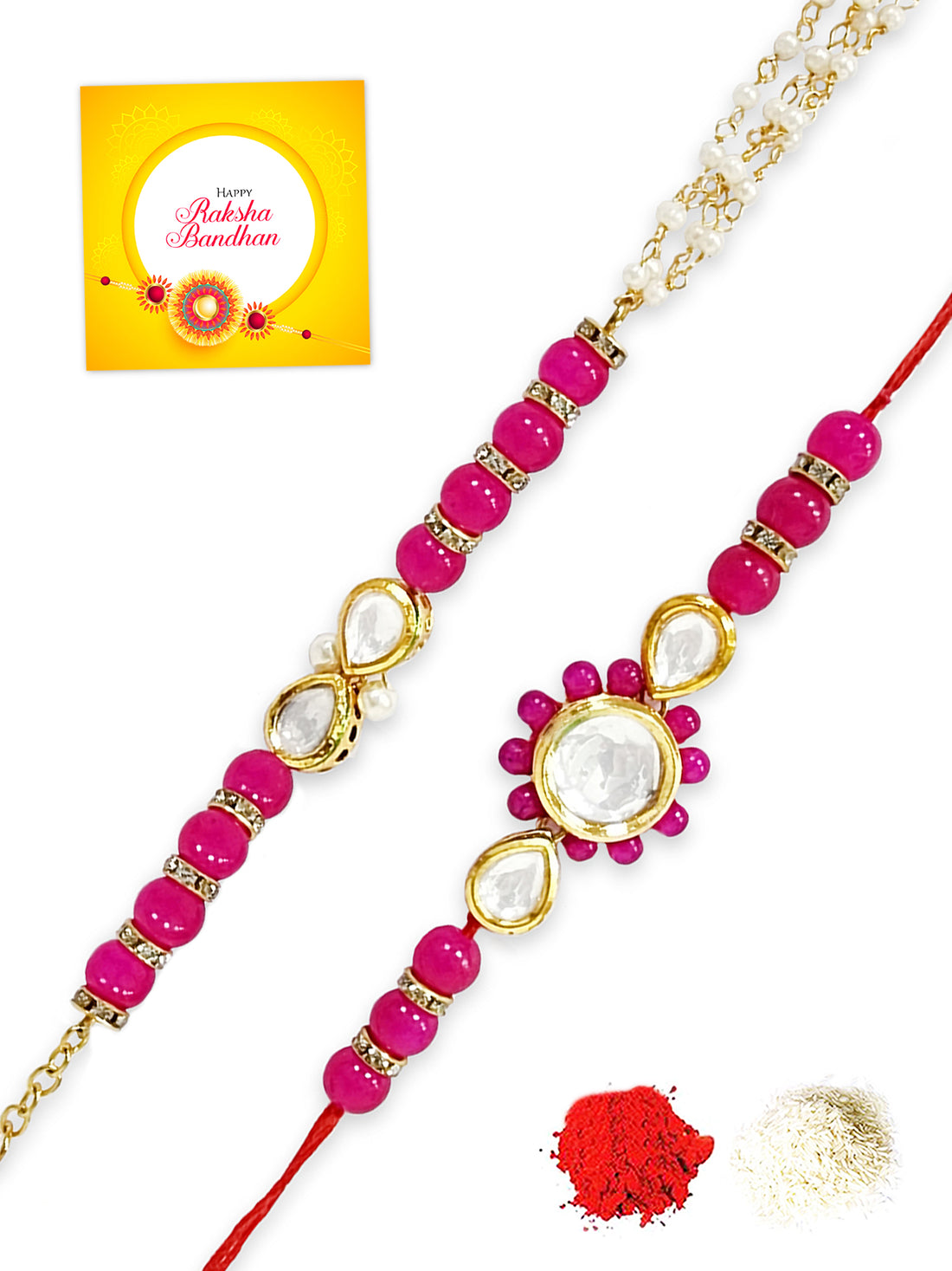 Karatcart Rakhi for Brother and Bhabhi Set of 2 Gold Plated Pink Beads Polki Kundan Bhiya Bhabhi Rakhi Combo with Roli & Chawal