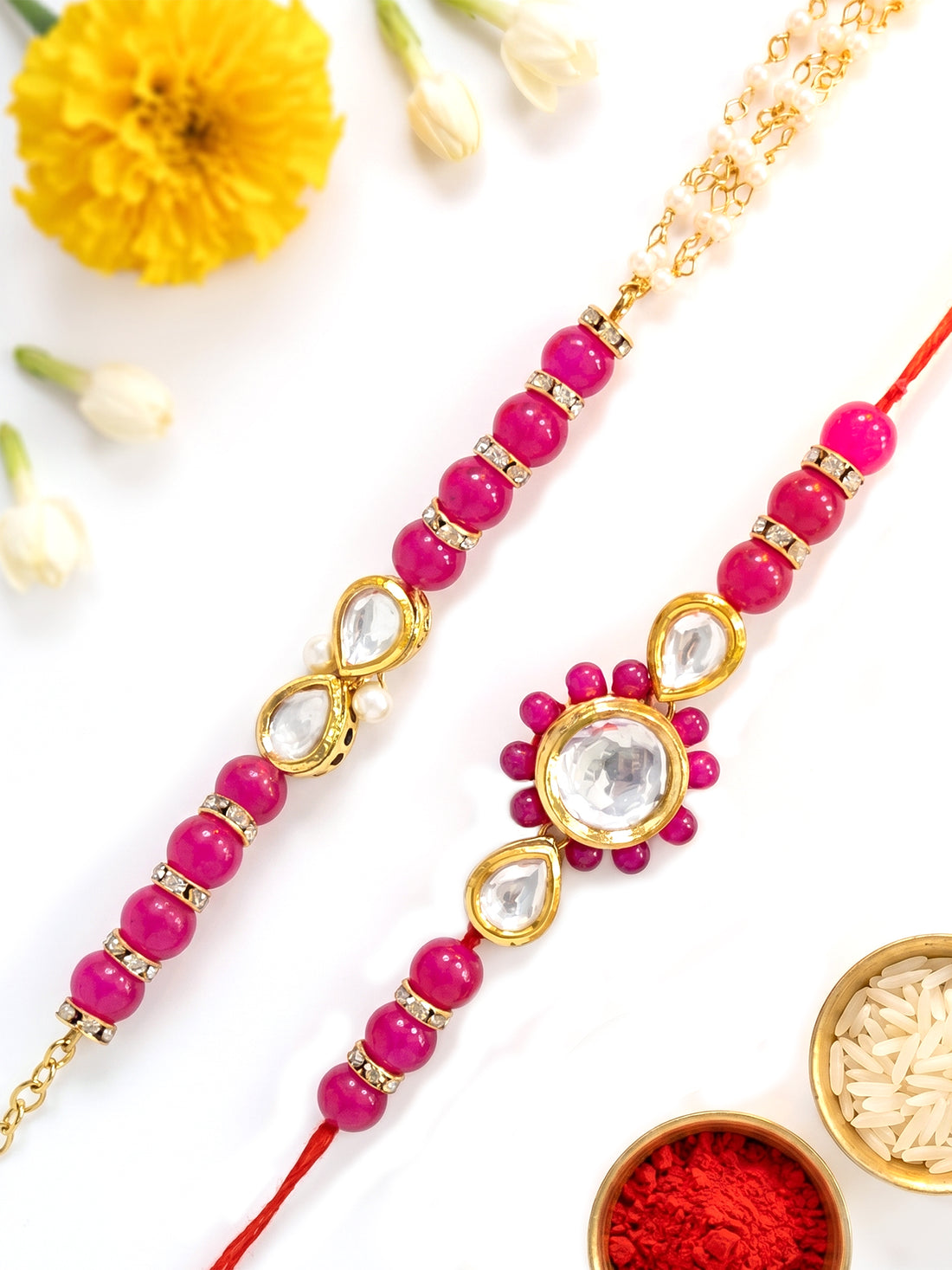 KARATCART Set of 2 Gold Plated Pink Beads Polki Kundan Bhaiya Bhabhi Rakhi Combo with Roli & Chawal