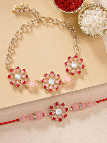KARATCART Set of 2 Gold Plated Red and Pink Two Tone Kundan Handmade Bhaiya Bhabhi Rakhi Combo with Roli & Chawal