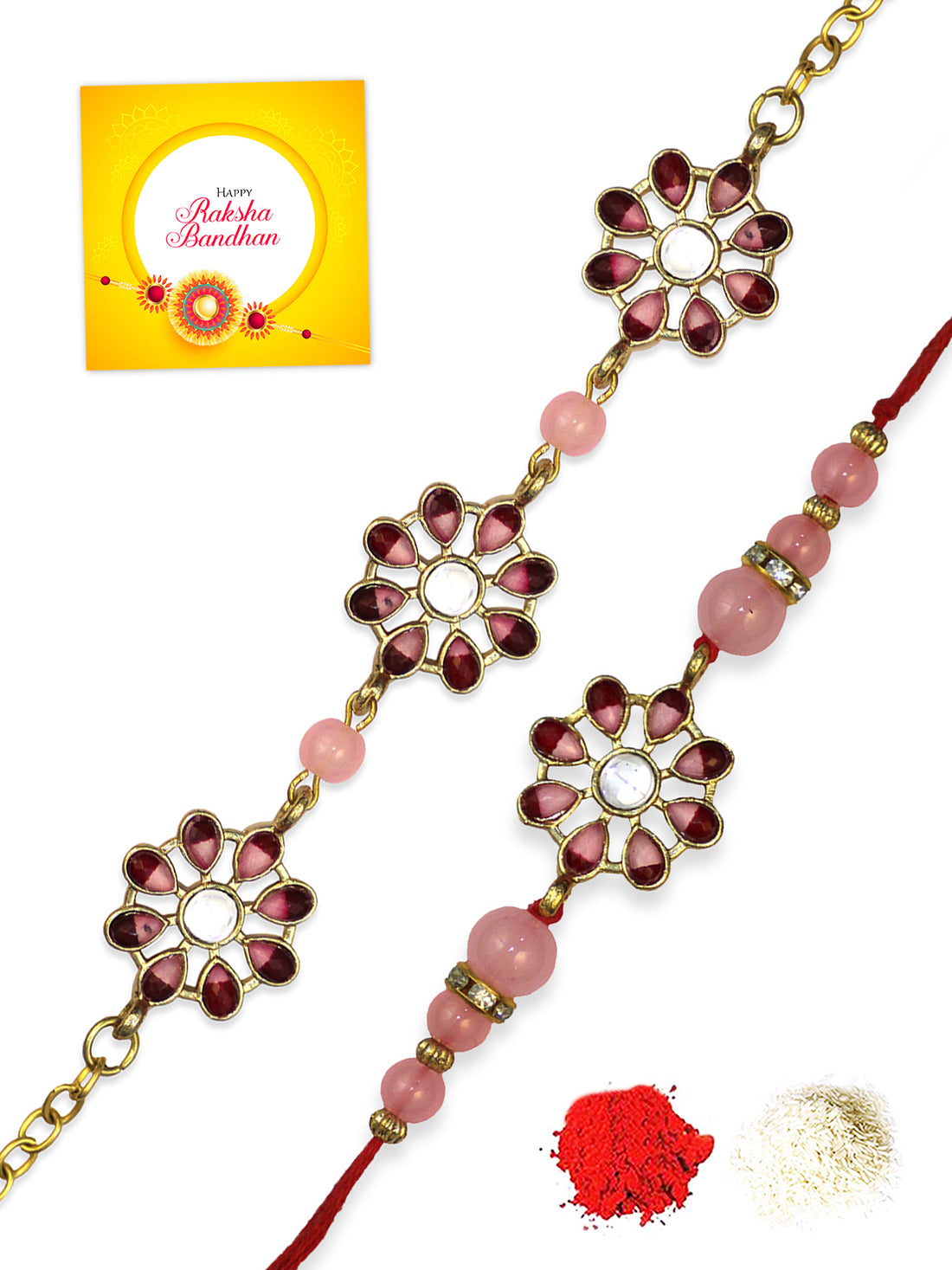 Karatcart Rakhi for Brother and Bhabhi Set of 2 Gold Plated Red and Pink Two Tone Kundan Handmade Bhiya Bhabhi Rakhi Combo with Roli & Chawal