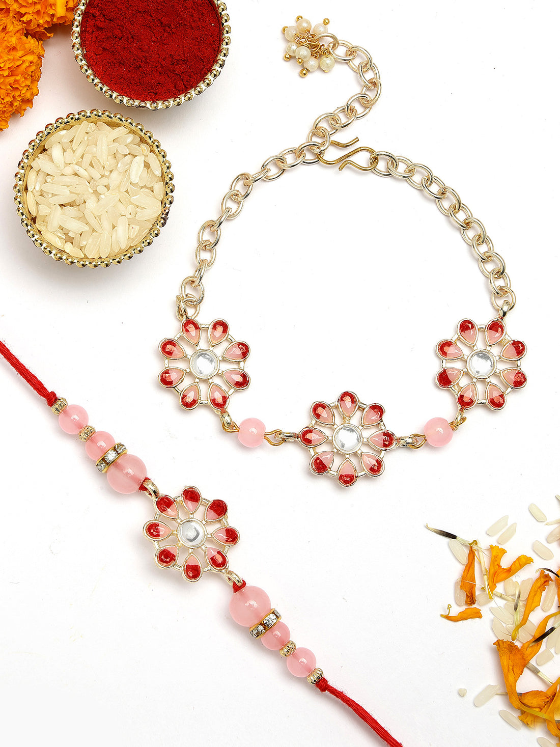 KARATCART Set of 2 Gold Plated Red and Pink Two Tone Kundan Handmade Bhaiya Bhabhi Rakhi Combo with Roli & Chawal