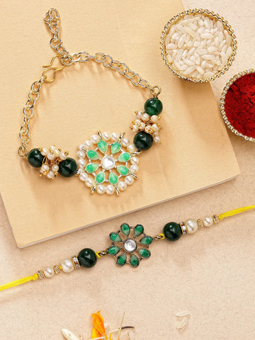 KARATCART Set of 2 Gold Plated Green Two Tone Kundan Handmade Bhaiya Bhabhi Rakhi Combo with Roli & Chawal