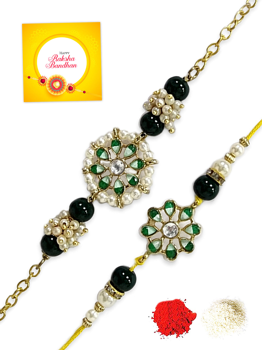 Karatcart Rakhi for Brother and Bhabhi Set of 2 Gold Plated Green Two Tone Kundan Handmade Bhiya Bhabhi Rakhi Combo with Roli & Chawal