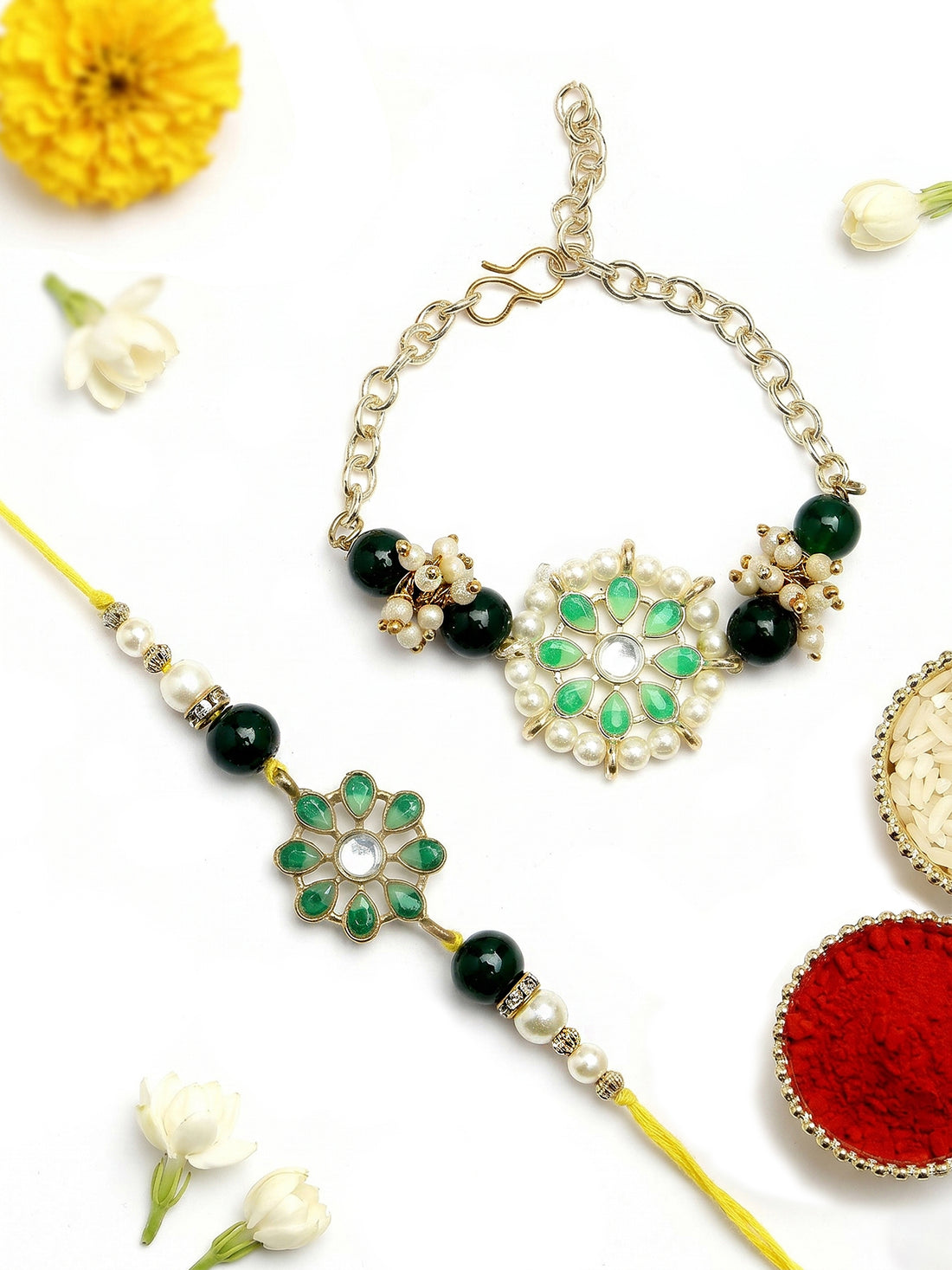 KARATCART Set of 2 Gold Plated Green Two Tone Kundan Handmade Bhaiya Bhabhi Rakhi Combo with Roli & Chawal
