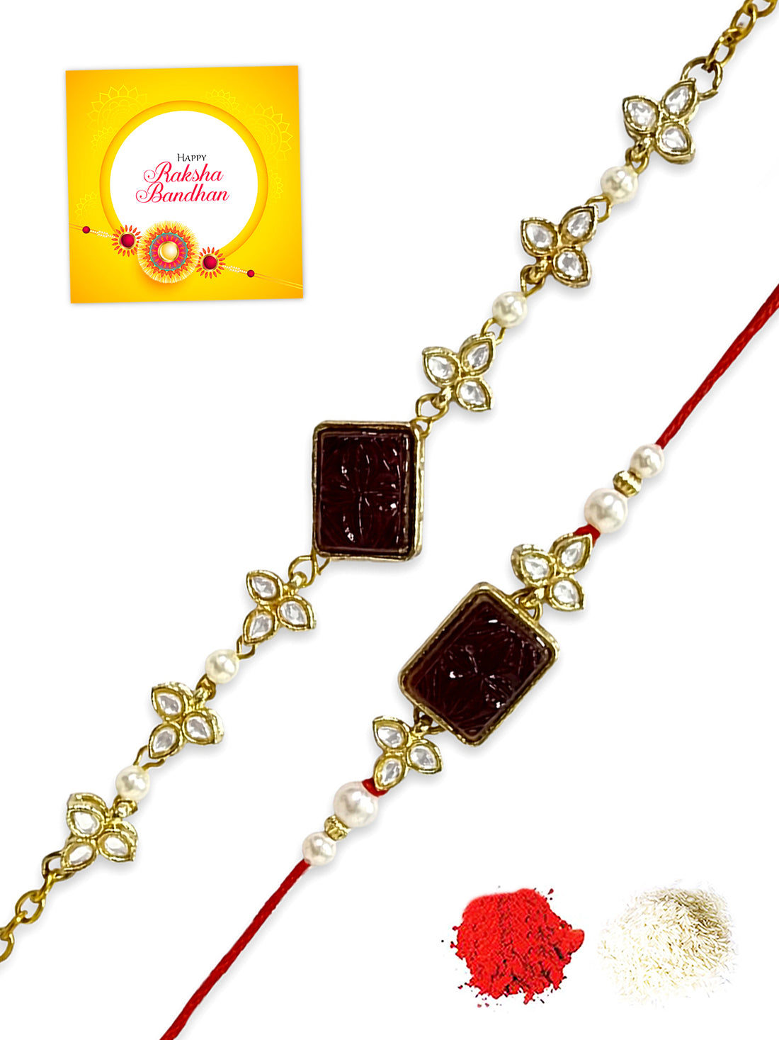 Karatcart Rakhi for Brother and Bhabhi Set of 2 Gold Plated Red Carved Stone Kundan Handmade Bhiya Bhabhi Rakhi Combo with Roli & Chawal