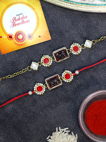 Karatcart Rakhi for Brother and Bhabhi Set of 2 Gold Plated Red Carved Stone Kundan Bhiya Bhabhi Rakhi Combo with Roli & Chawal