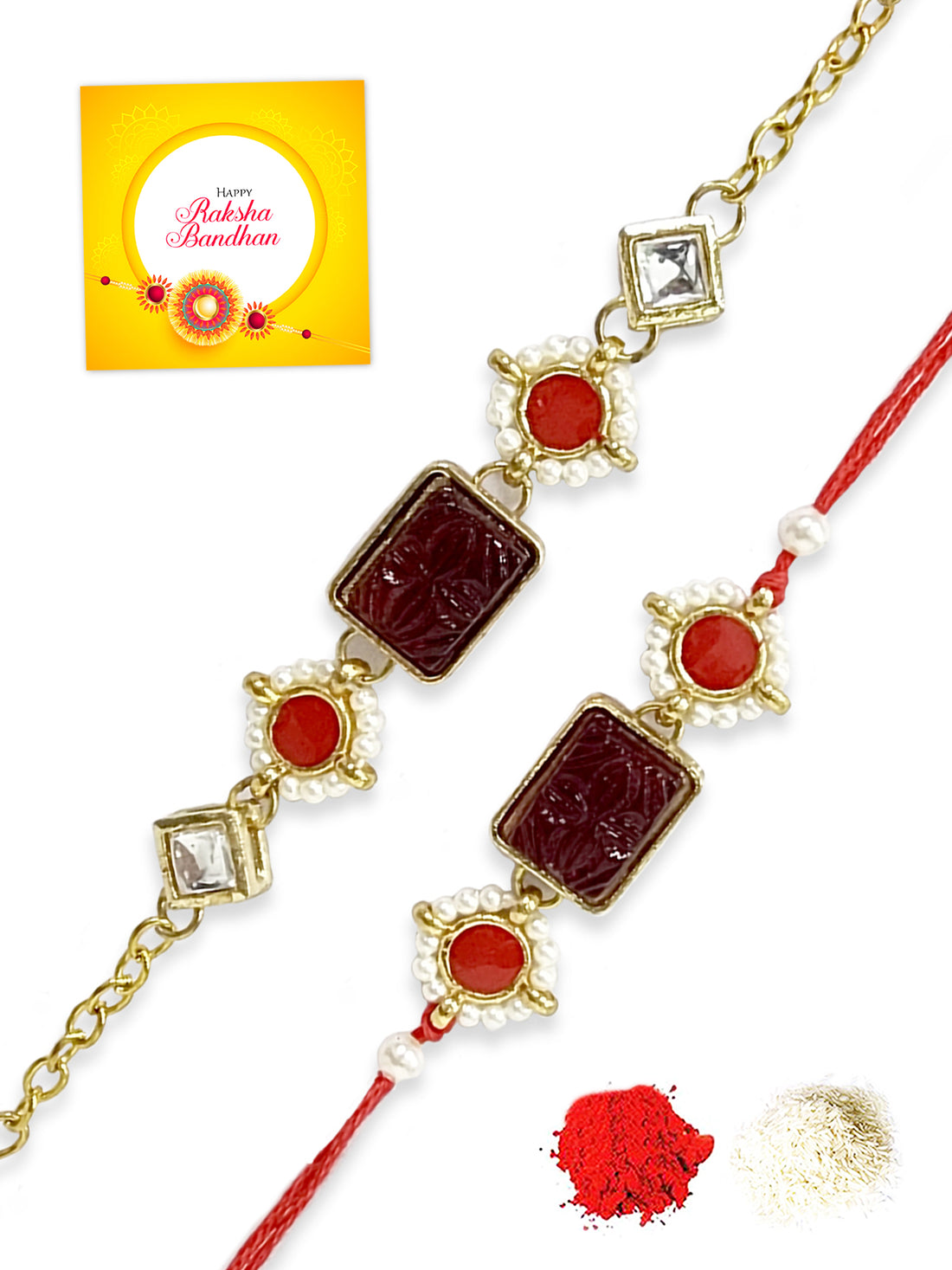 Karatcart Rakhi for Brother and Bhabhi Set of 2 Gold Plated Red Carved Stone Kundan Bhiya Bhabhi Rakhi Combo with Roli & Chawal