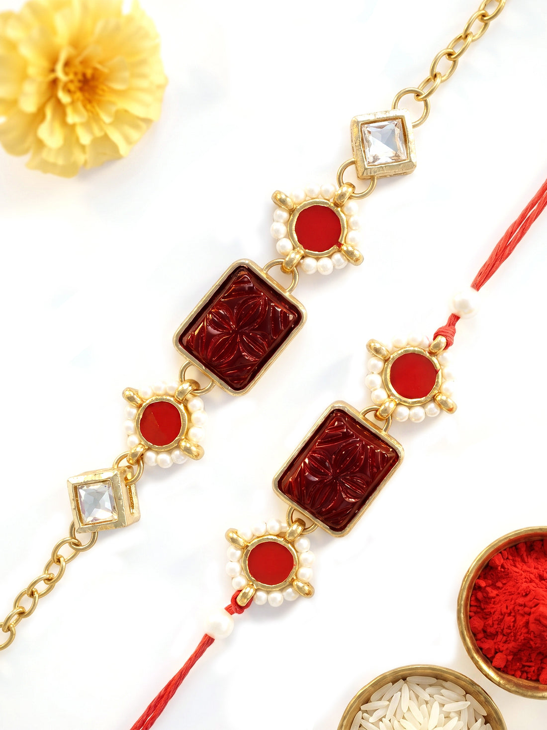 KARATCART Set of 2 Gold Plated Red Carved Stone Kundan Bhaiya Bhabhi Rakhi Combo with Roli & Chawal