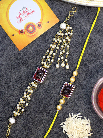 Karatcart Rakhi for Brother and Bhabhi Set of 2 Gold Plated Red Carved Stone and Pearl Kundan Bhiya Bhabhi Rakhi Combo with Roli & Chawal