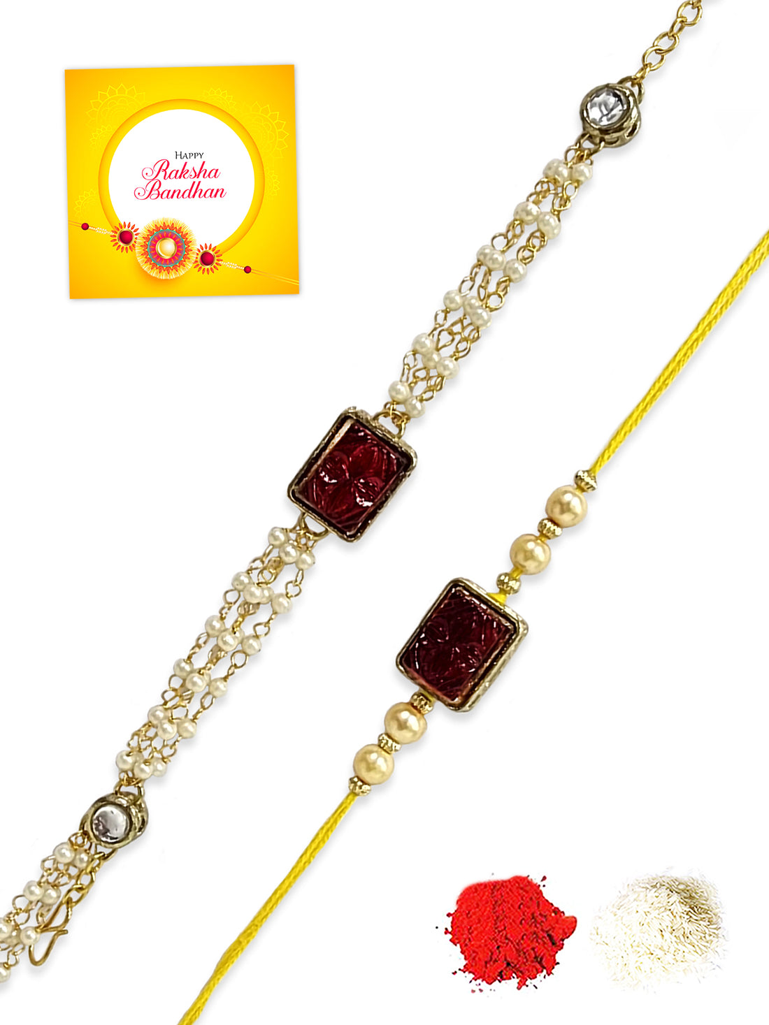 Karatcart Rakhi for Brother and Bhabhi Set of 2 Gold Plated Red Carved Stone and Pearl Kundan Bhiya Bhabhi Rakhi Combo with Roli & Chawal