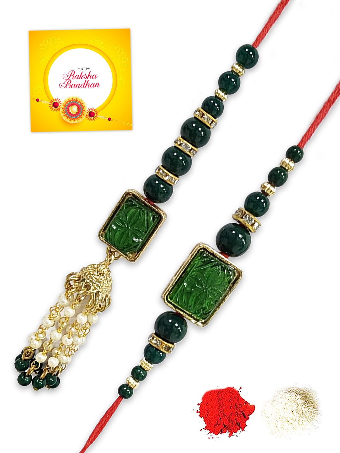 Karatcart Rakhi for Brother and Bhabhi Set of 2 Gold Plated Green Carved Stone Kundan Handmade Bhiya Bhabhi Rakhi Combo with Roli & Chawal