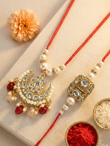 KARATCART Set of 2 Gold Plated Red and Peach Beads Handmade Kundan Bhaiya Bhabhi Rakhi Combo with Roli & Chawal