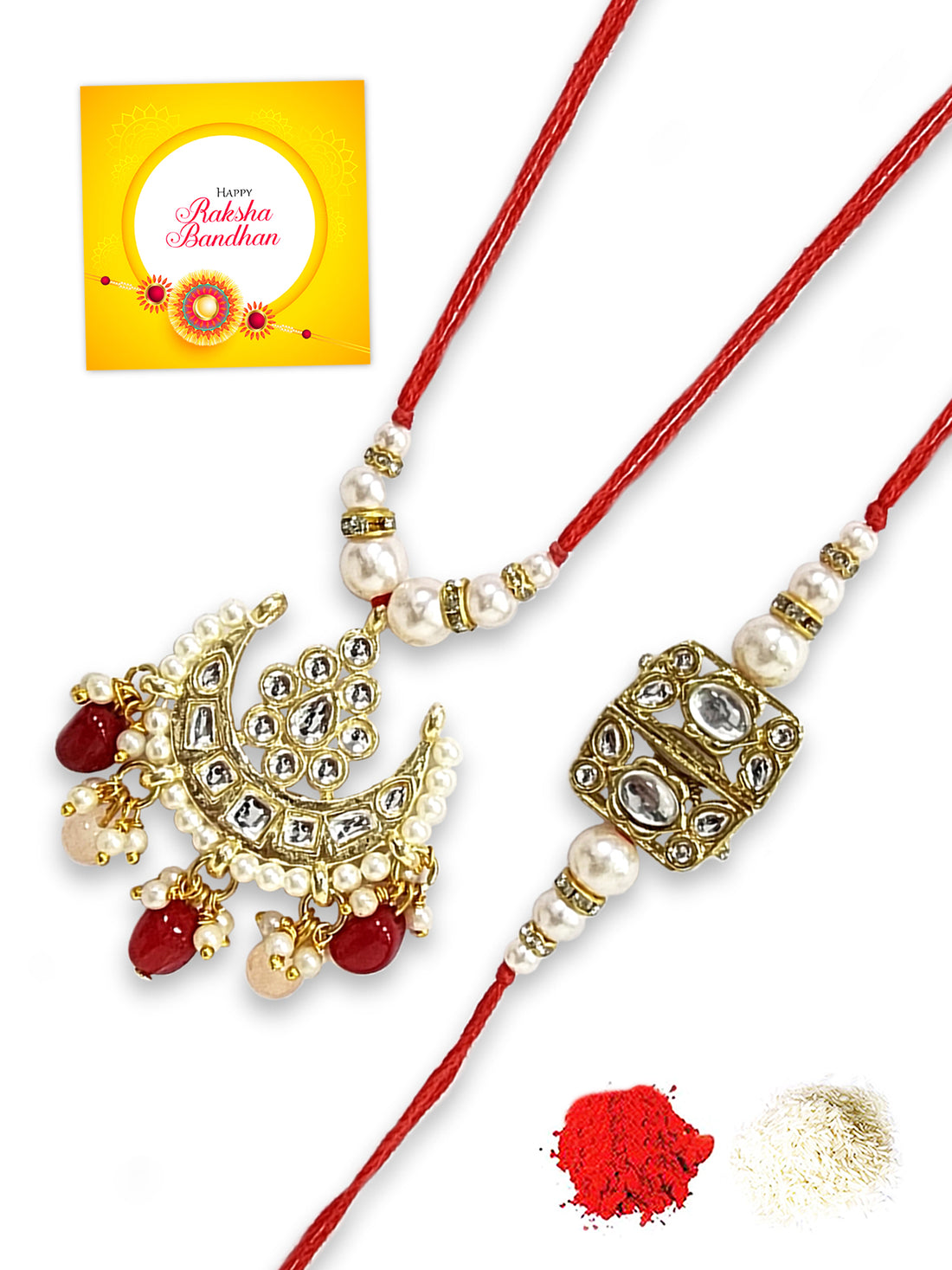 Karatcart Rakhi for Brother and Bhabhi Set of 2 Gold Plated Red and Peach Beads Handmade Kundan Bhiya Bhabhi Rakhi Combo with Roli & Chawal