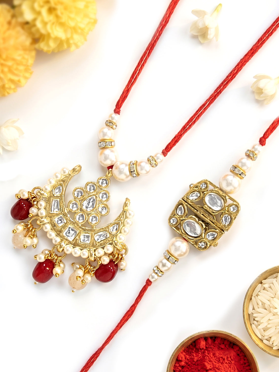 KARATCART Set of 2 Gold Plated Red and Peach Beads Handmade Kundan Bhaiya Bhabhi Rakhi Combo with Roli & Chawal