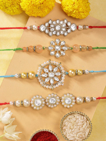 KARATCART Set of 4 Gold Plated Handmade Kundan Rakhi Combo with Roli & Chawal