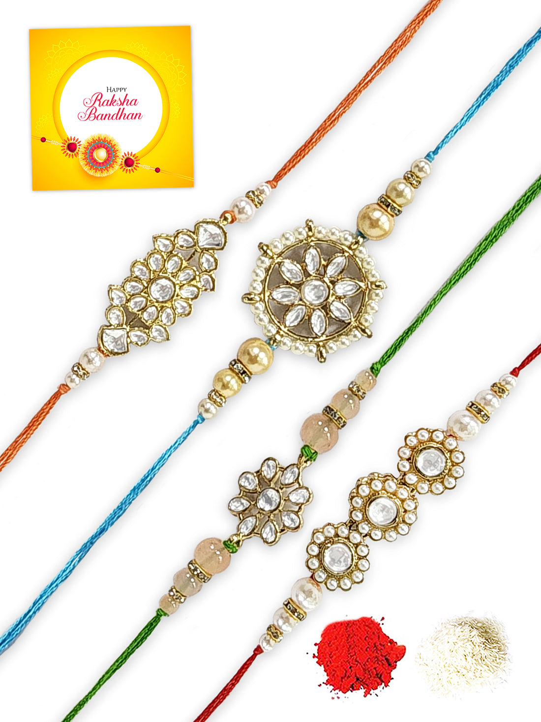 Karatcart Rakhi for Brother Set of 4 Gold Plated Handmade Kundan Rakhi with Roli & Chawal