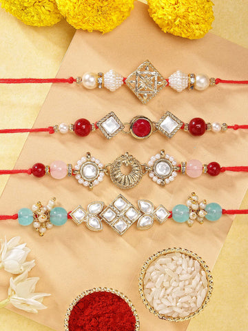 KARATCART Set of 4 Gold Plated Handmade Kundan Rakhi Combo with Roli & Chawal