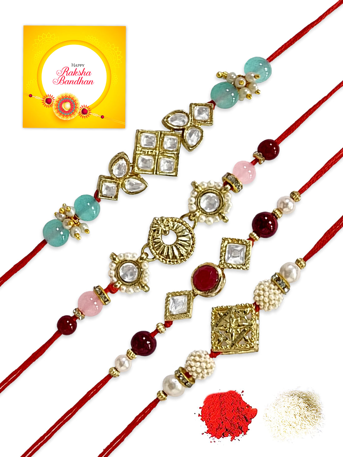 Karatcart Rakhi for Brother Set of 4 Gold Plated Handmade Kundan Rakhi with Roli & Chawal