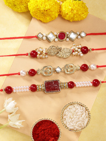 KARATCART Set of 4 Gold Plated Handmade Kundan Rakhi Combo with Roli & Chawal