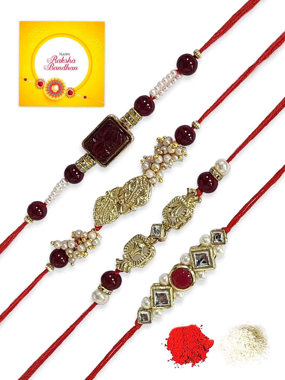 Karatcart Rakhi for Brother Set of 4 Gold Plated Handmade Kundan Rakhi with Roli & Chawal