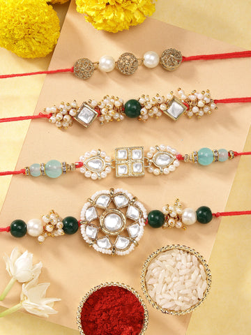 KARATCART Set of 4 Gold Plated Handmade Kundan Rakhi Combo with Roli & Chawal
