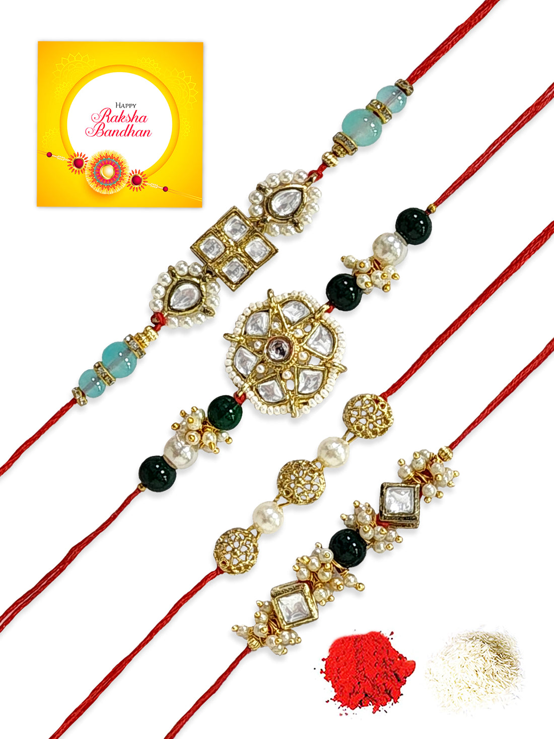 Karatcart Rakhi for Brother Set of 4 Gold Plated Handmade Kundan Rakhi with Roli & Chawal