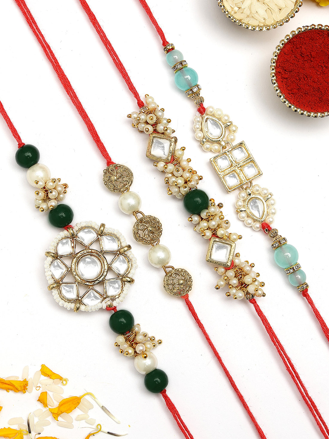 KARATCART Set of 4 Gold Plated Handmade Kundan Rakhi Combo with Roli & Chawal