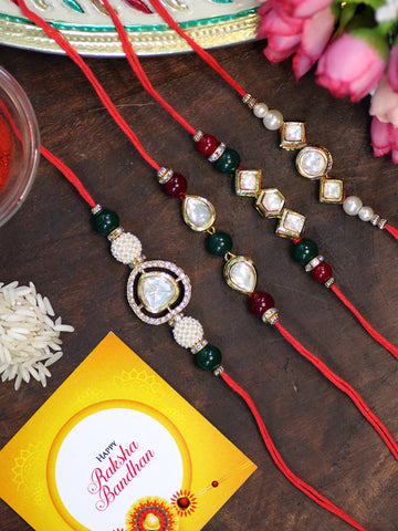 Karatcart Rakhi for Brother Set of 4 Gold Plated Handmade Polki Kundan Rakhi with Roli & Chawal