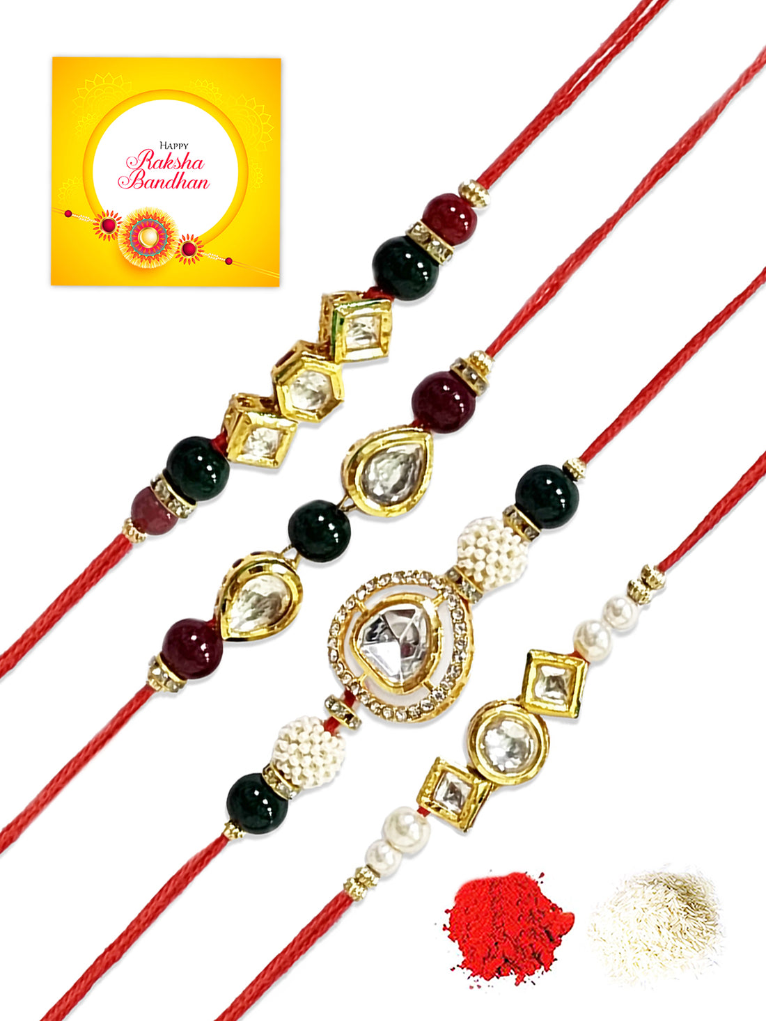 Karatcart Rakhi for Brother Set of 4 Gold Plated Handmade Polki Kundan Rakhi with Roli & Chawal