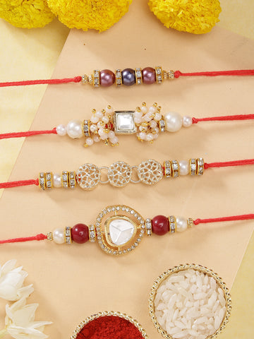 KARATCART Set of 4 Gold Plated Handmade Kundan Rakhi Combo with Roli & Chawal